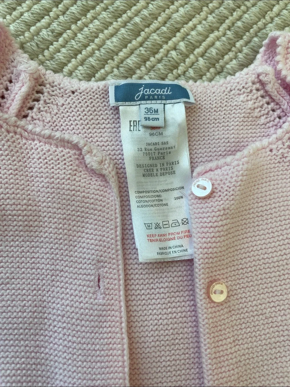 Jacadi Pale Pink Scalloped Hem Knit Cardigan